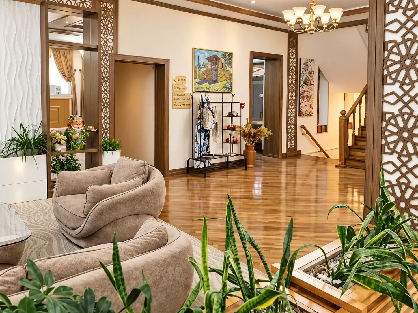 ART ECO HOTEL — лобби с деревянными деталями и растениями